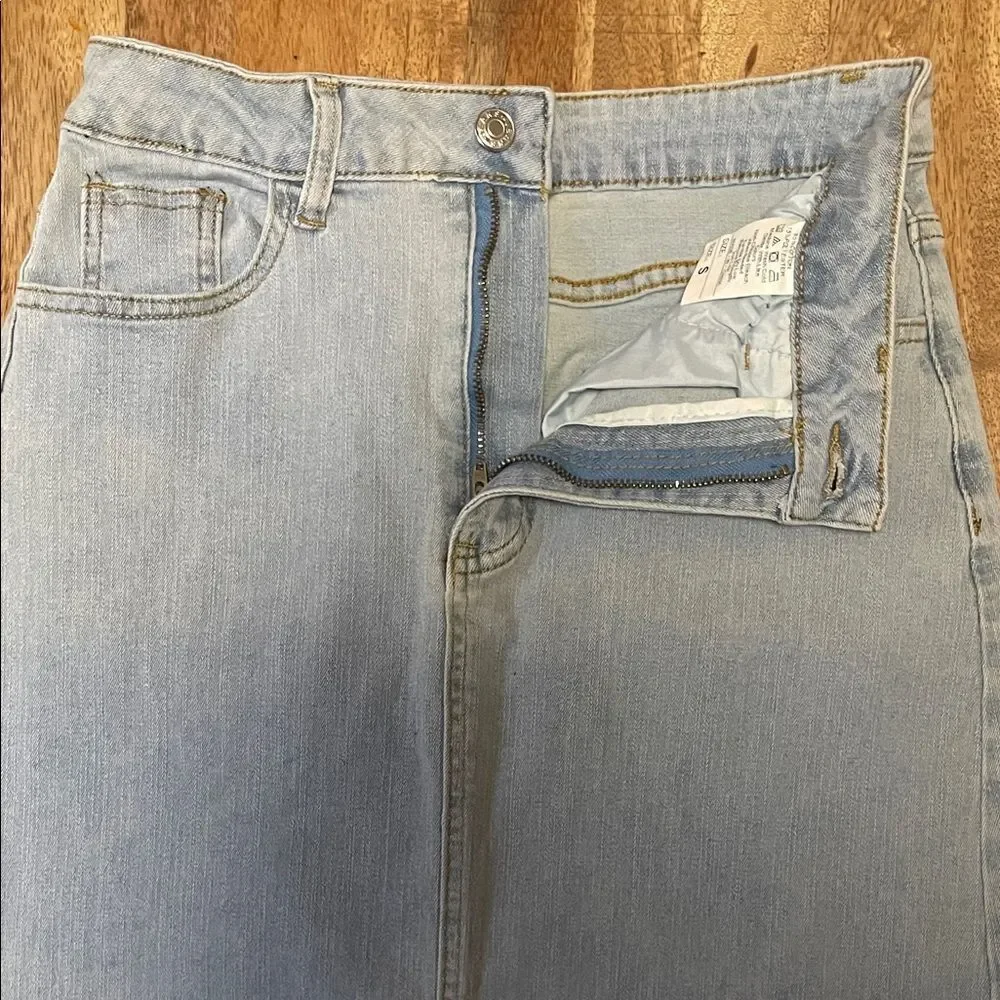 Light Blue Stretch Denim Midi Skirt